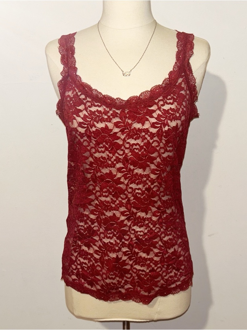 Sheer Lace Tank Top - Wine Red Sleeveless Cami